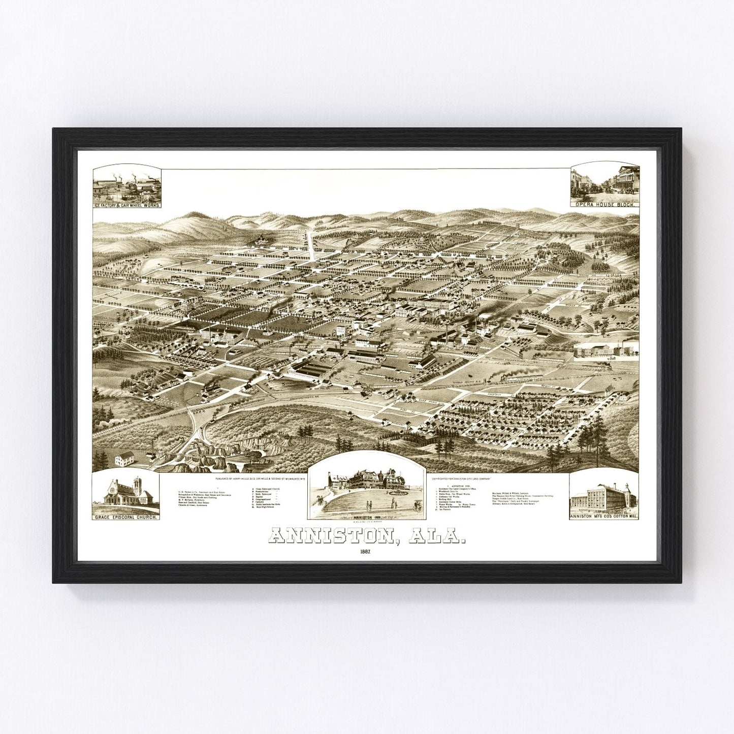 Restored vintage map of Anniston, Alabama, 1887