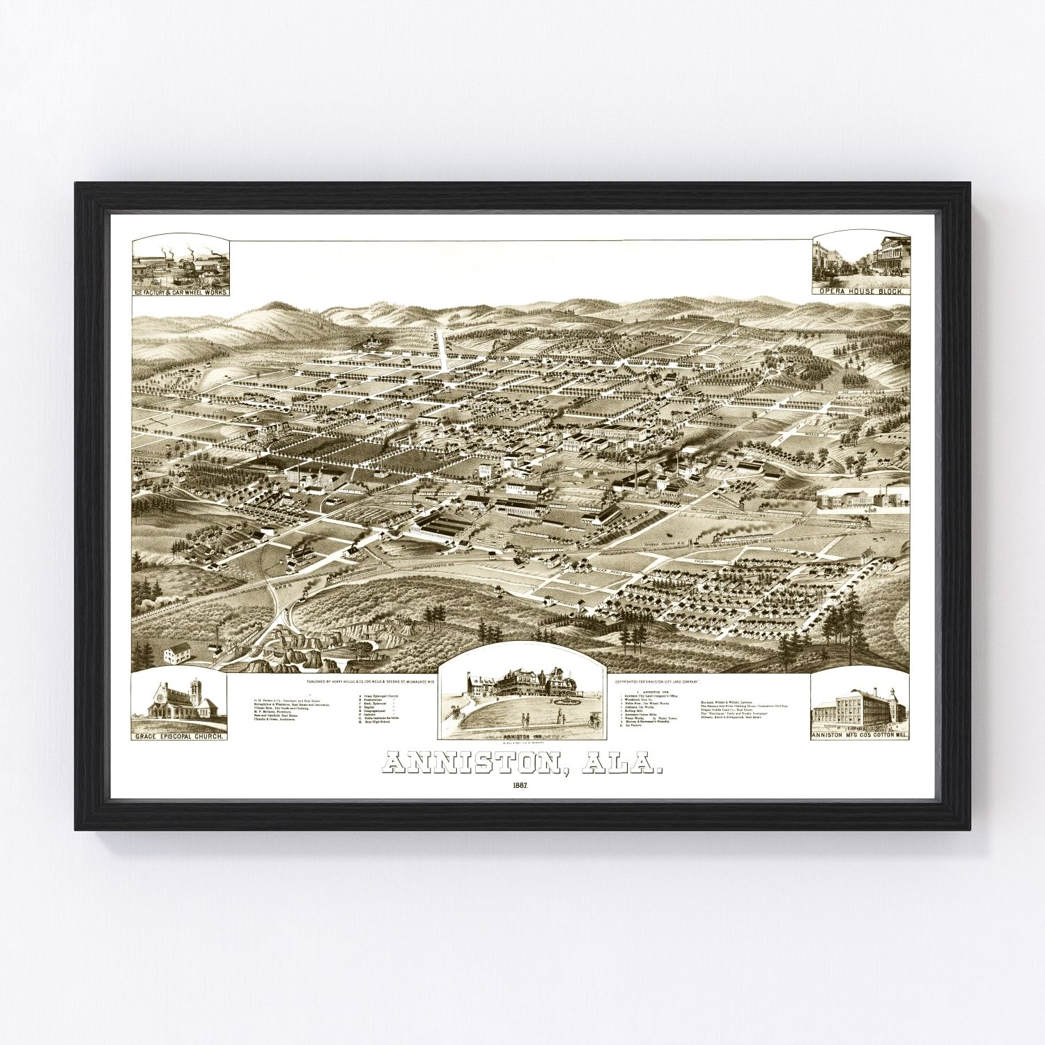 Restored vintage map of Anniston, Alabama, 1887