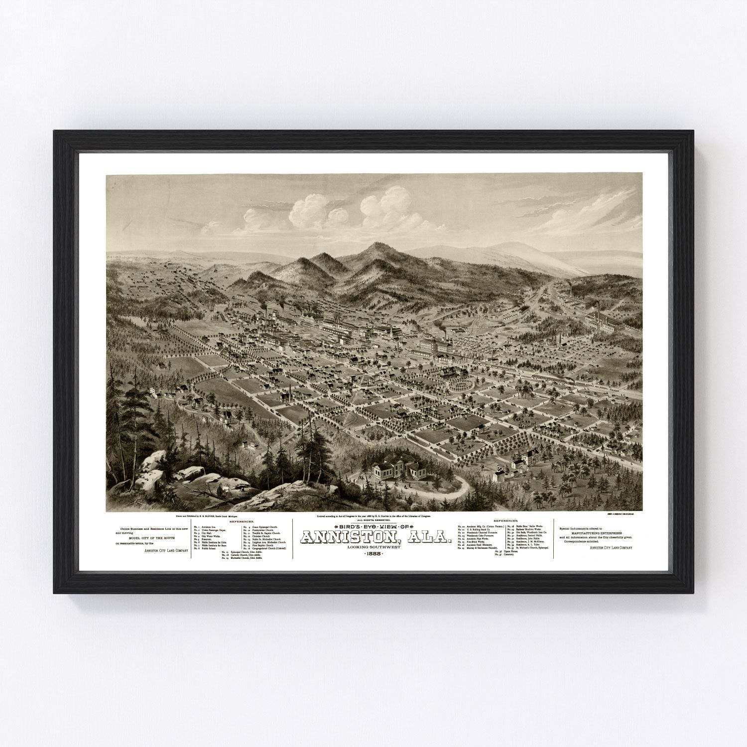 Restored vintage map of Anniston, Alabama, 1888