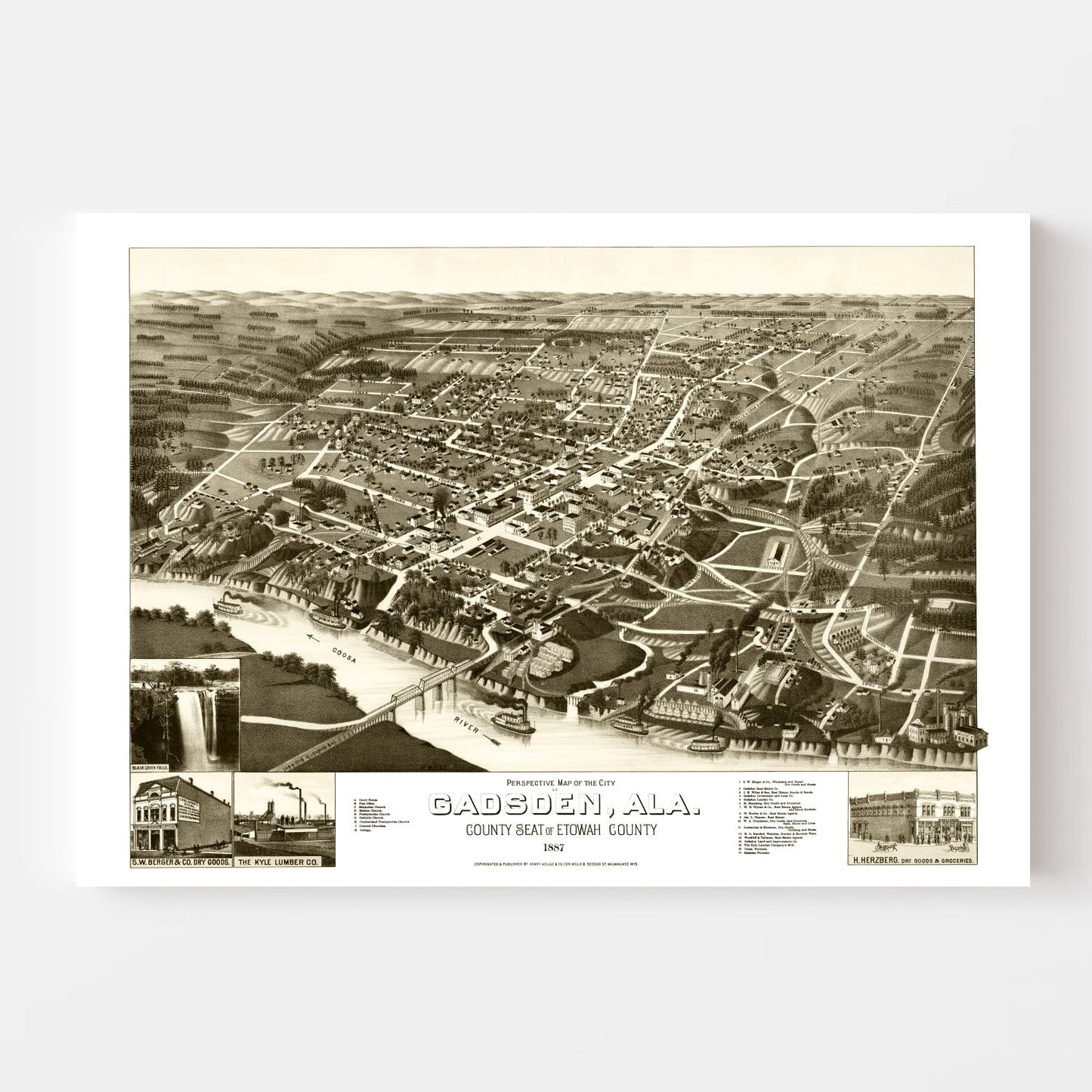 Vintage Map of Gadsden, Alabama, 1887