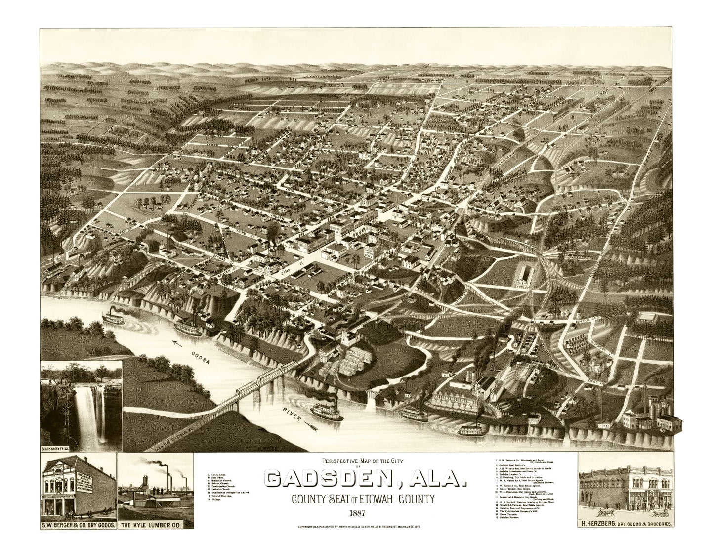 Vintage Map of Gadsden, Alabama, 1887