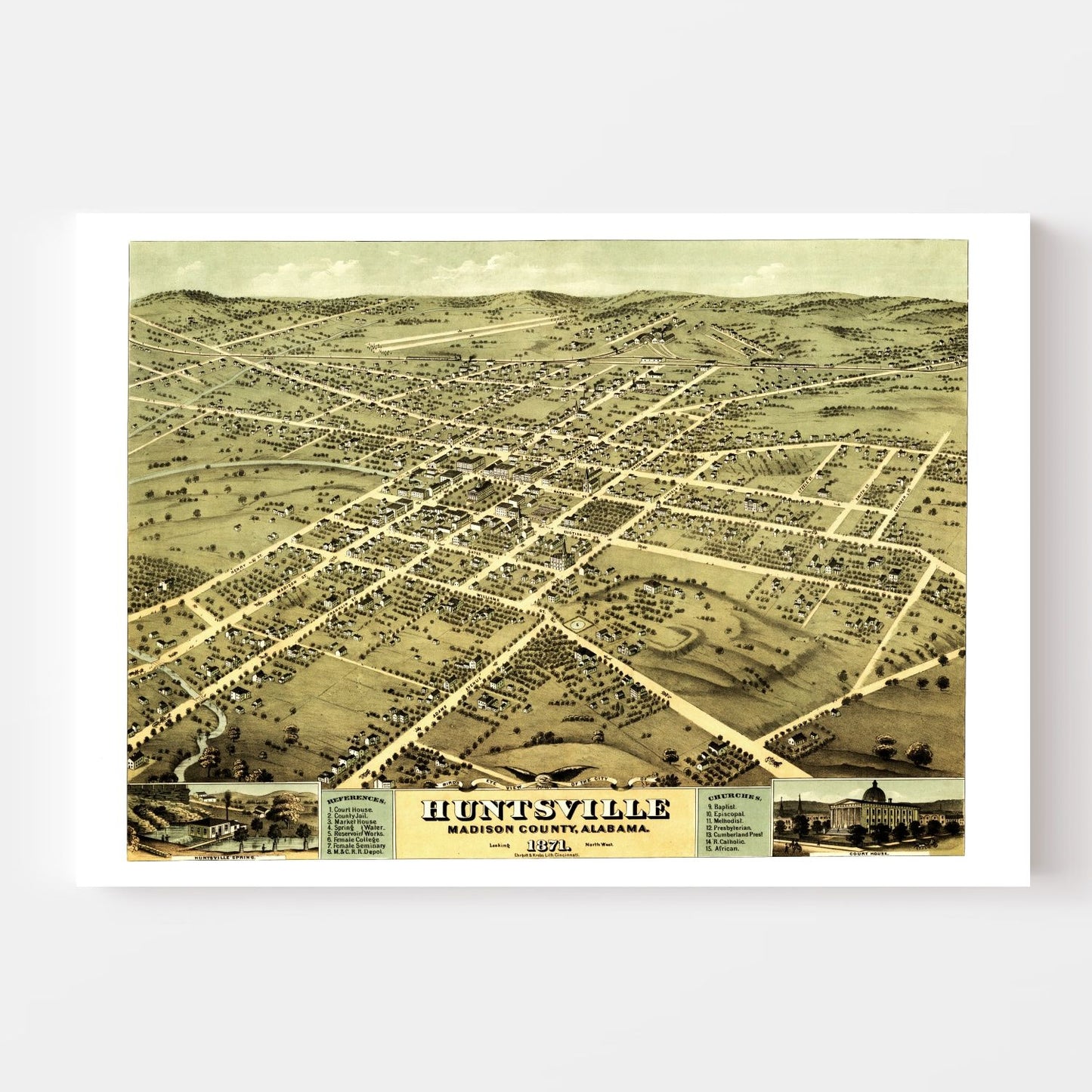 Vintage Map of Huntsville, Madison County, Alabama, 1871