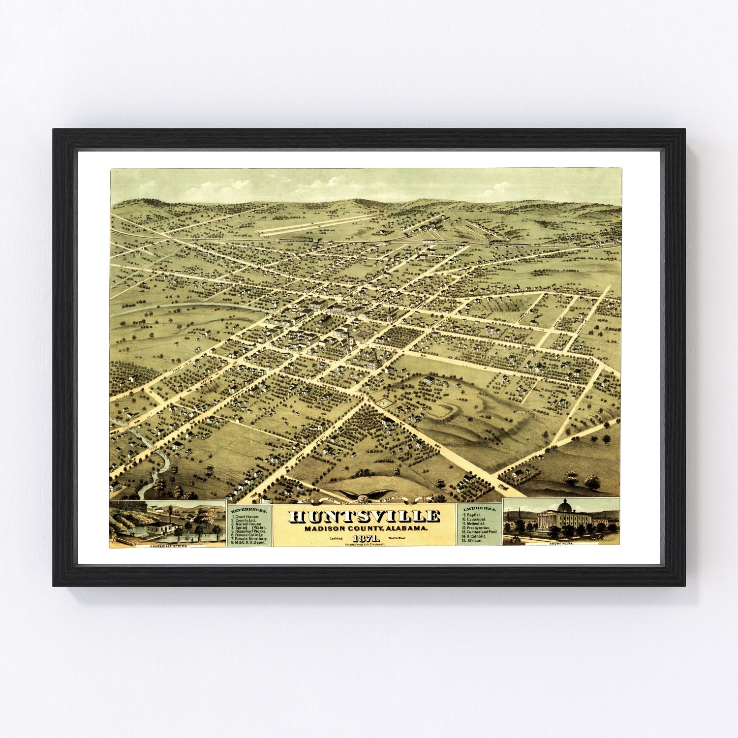 vintage map of Huntsville, Madison County, Alabama, 1871