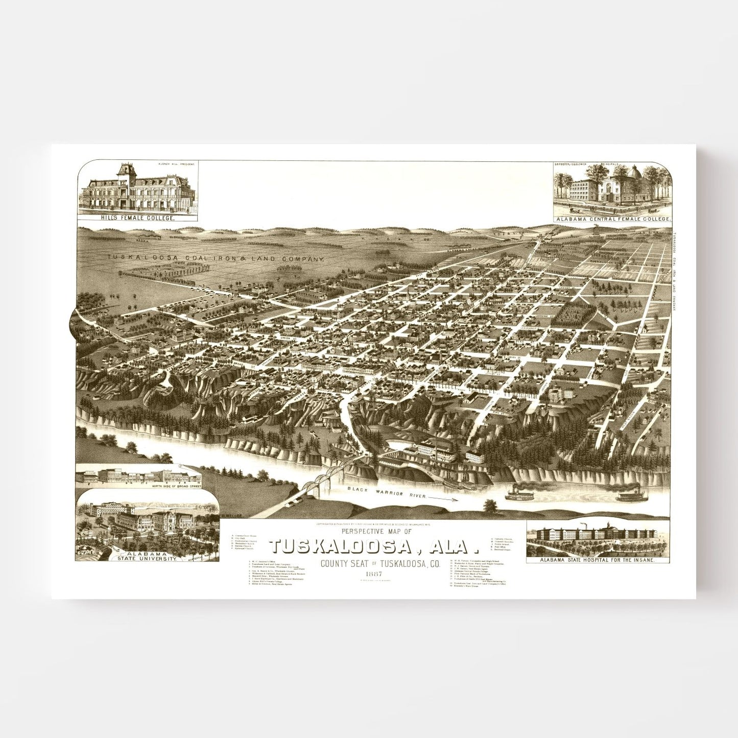 Vintage Map of Tuskaloosa, Alabama, 1887