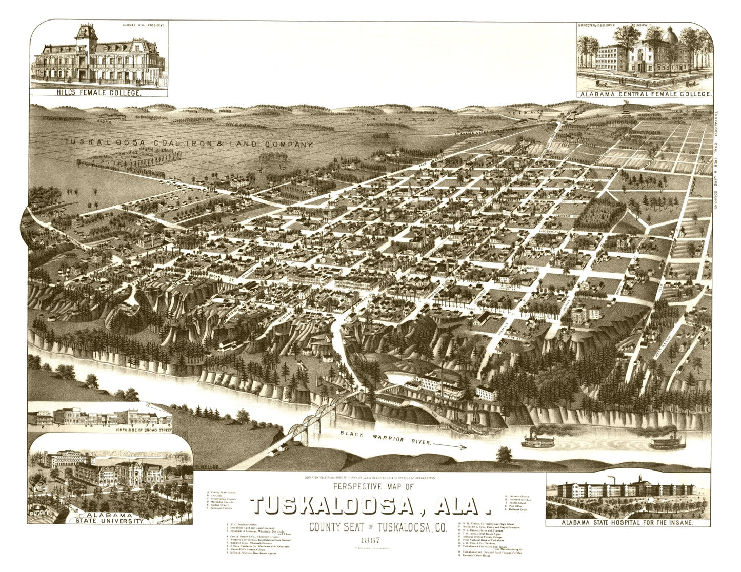 Vintage Map of Tuskaloosa, Alabama, 1887