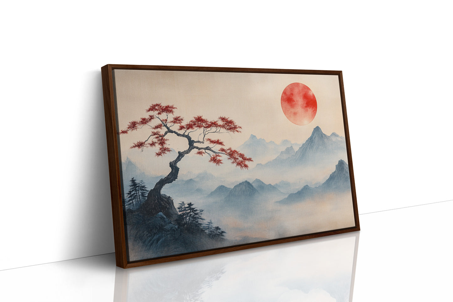 Japanese Red Sun and Bonsai Mountain Wall Art Print