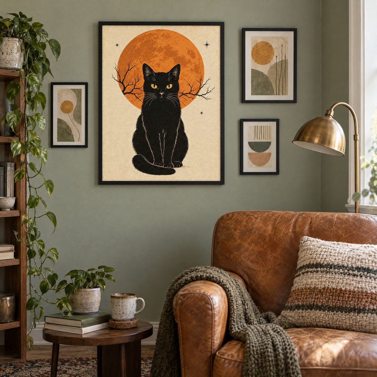 Black cat and full moon print as the anchor of a small gallery wall above a leather reading chair