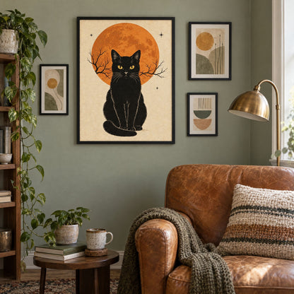 Black cat and full moon print as the anchor of a small gallery wall above a leather reading chair