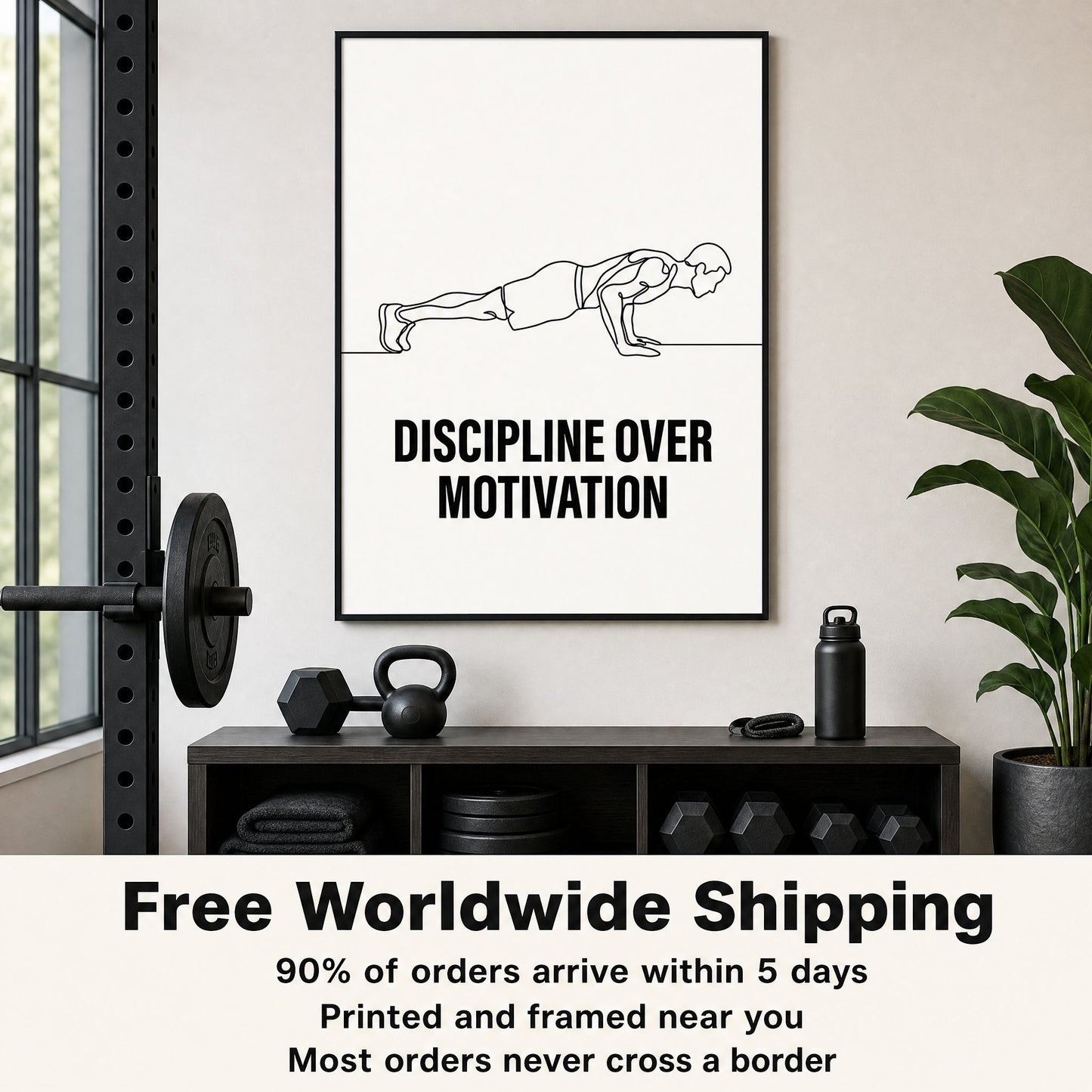 Framed print above a gym storage bench with kettlebells and plates, plus an overlaid panel about shipping