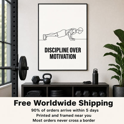 Framed print above a gym storage bench with kettlebells and plates, plus an overlaid panel about shipping