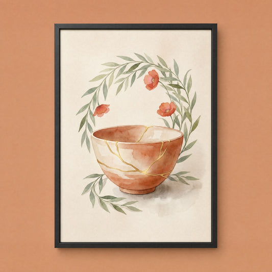 Japanese wall art print framed in black on a deep terracotta wall, a gold-repaired clay bowl in an olive leaf wreath