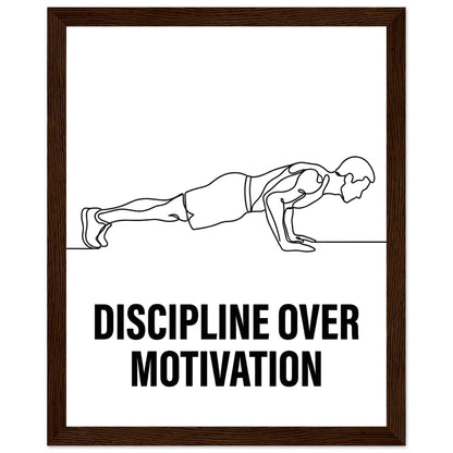Discipline Over Motivation Poster - Framed Minimalist Line Art - 20x25 cm / 8x10″ - Dark wood frame / Ready-to-hang - Sparkycare