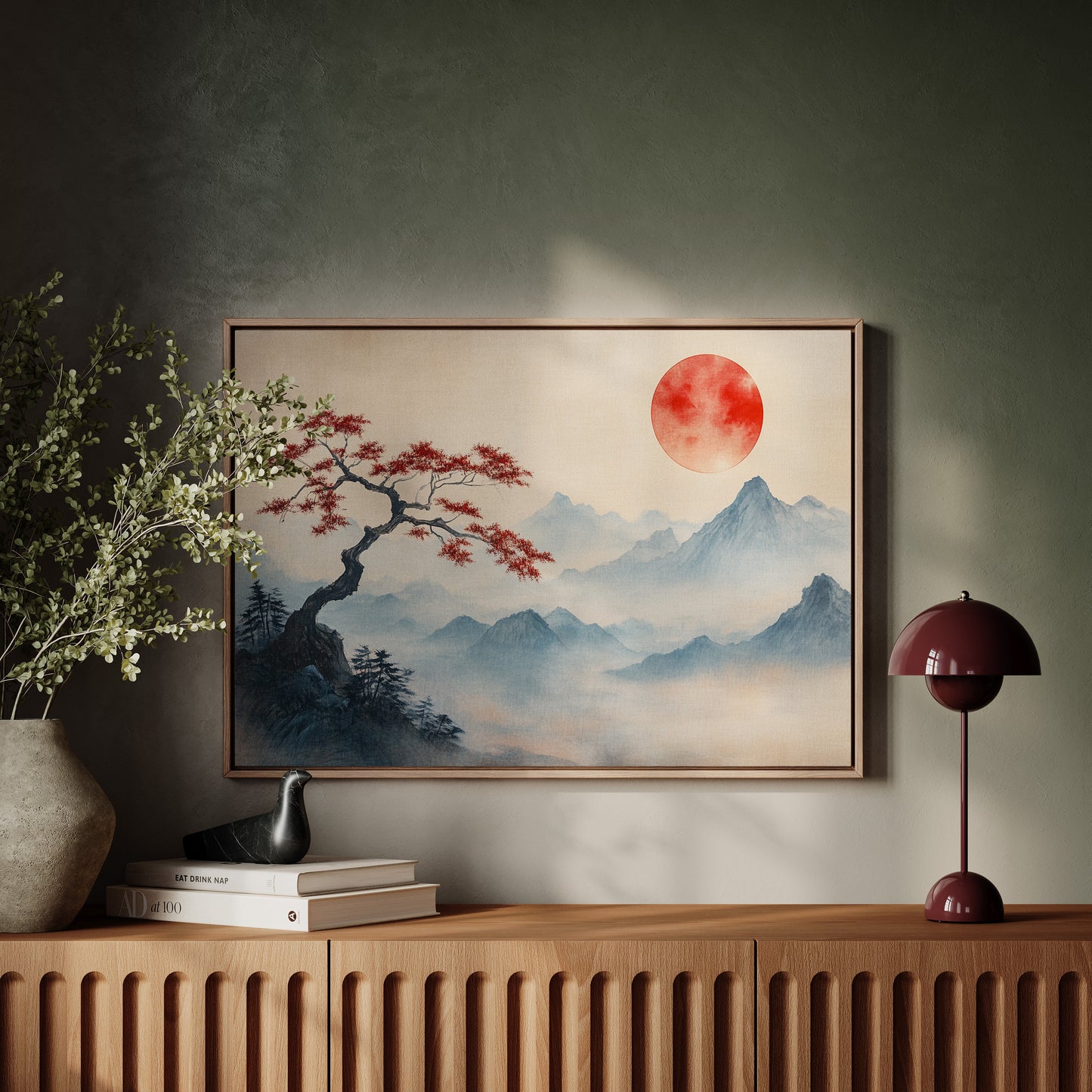 Japanese Red Sun and Bonsai Mountain Wall Art Print