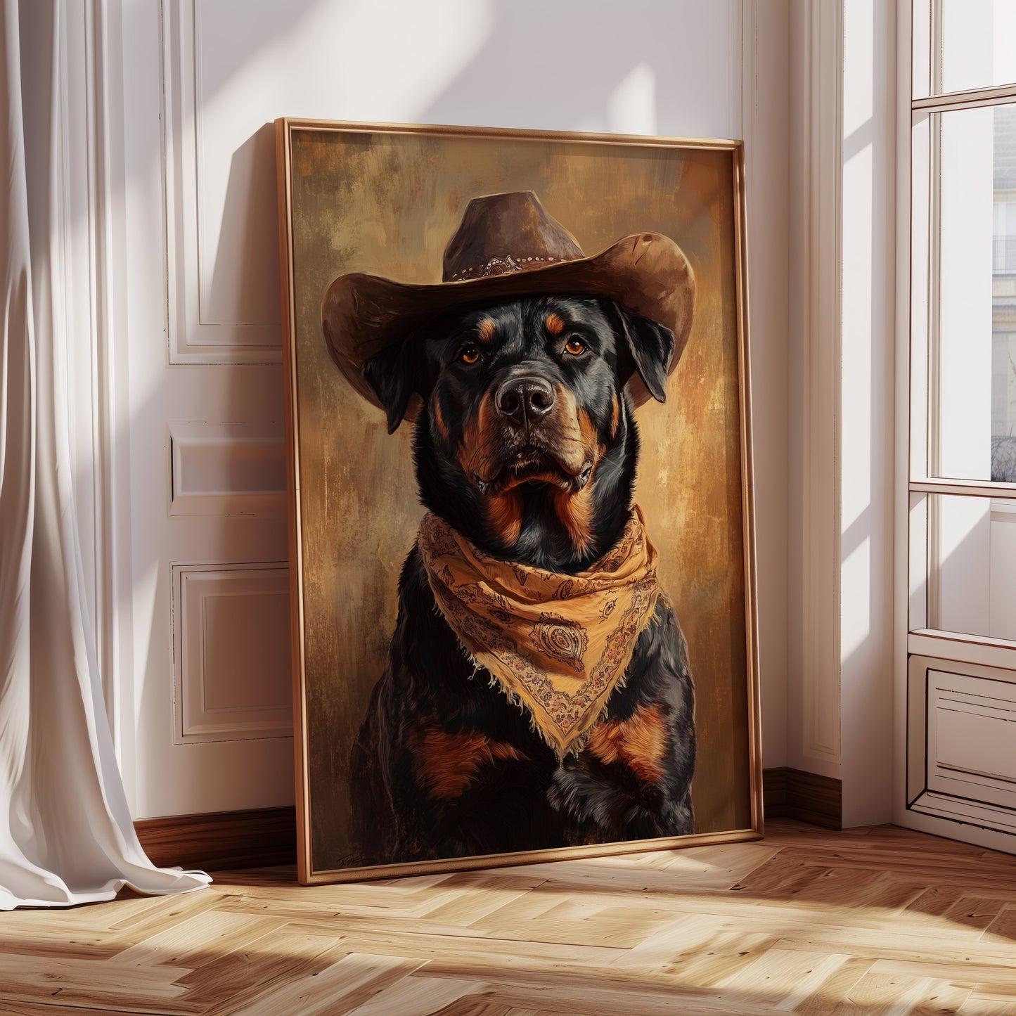 Western Cowboy Rottweiler Rustic Dog Art Print