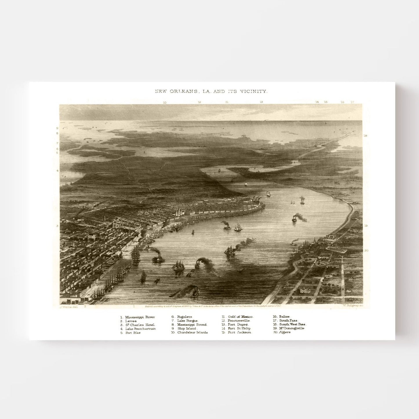 Vintage Map of New Orleans, Louisiana, 1863