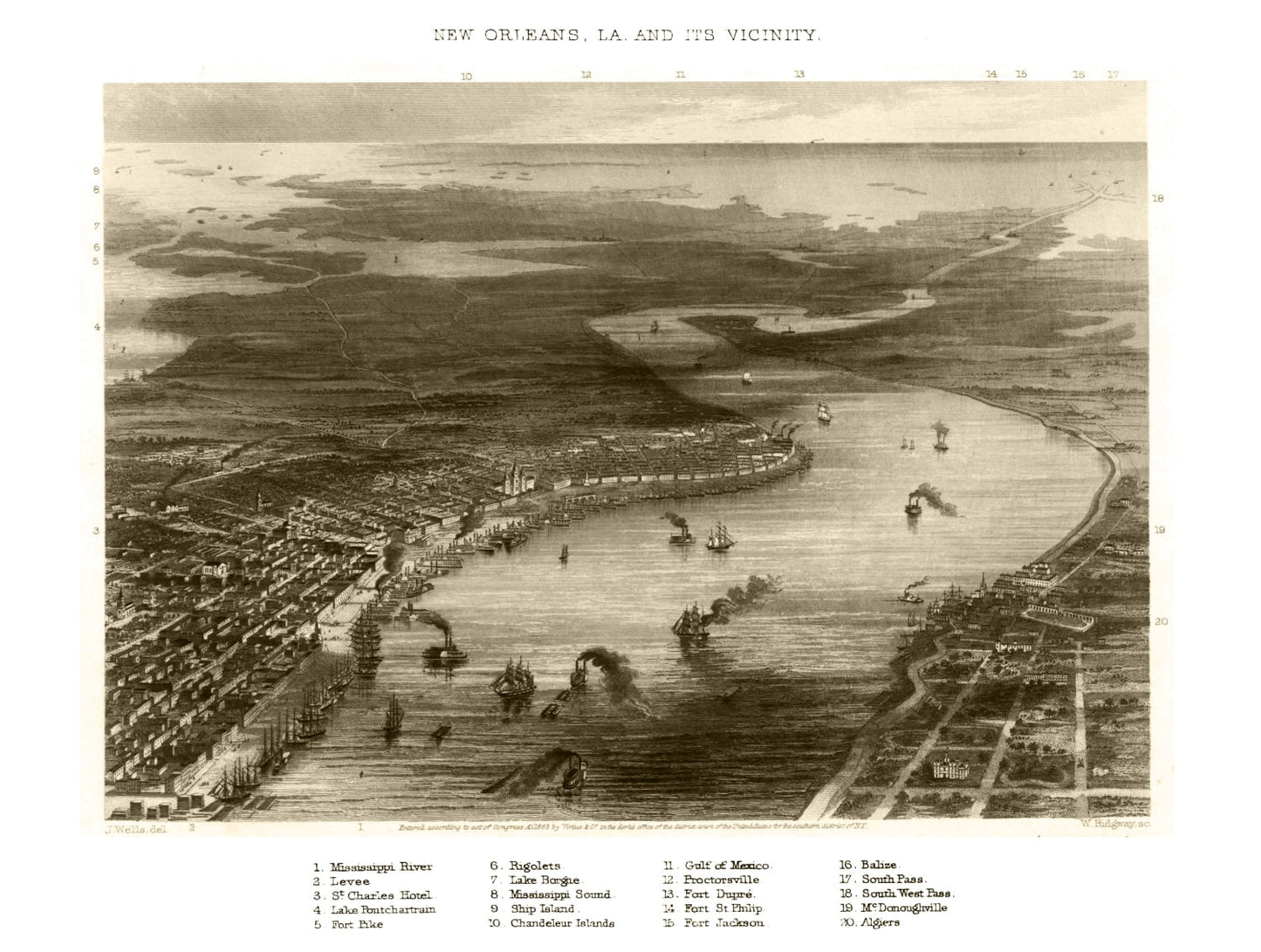 Vintage Map of New Orleans, Louisiana, 1863