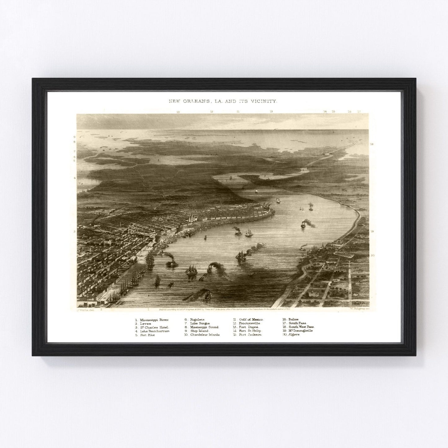 Vintage map of New Orleans, Orleans Parish, Louisiana, 1863