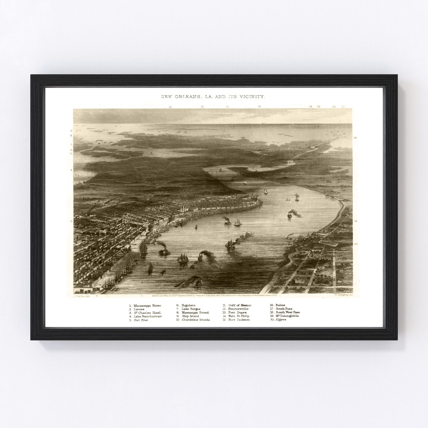 Vintage map of New Orleans, Orleans Parish, Louisiana, 1863