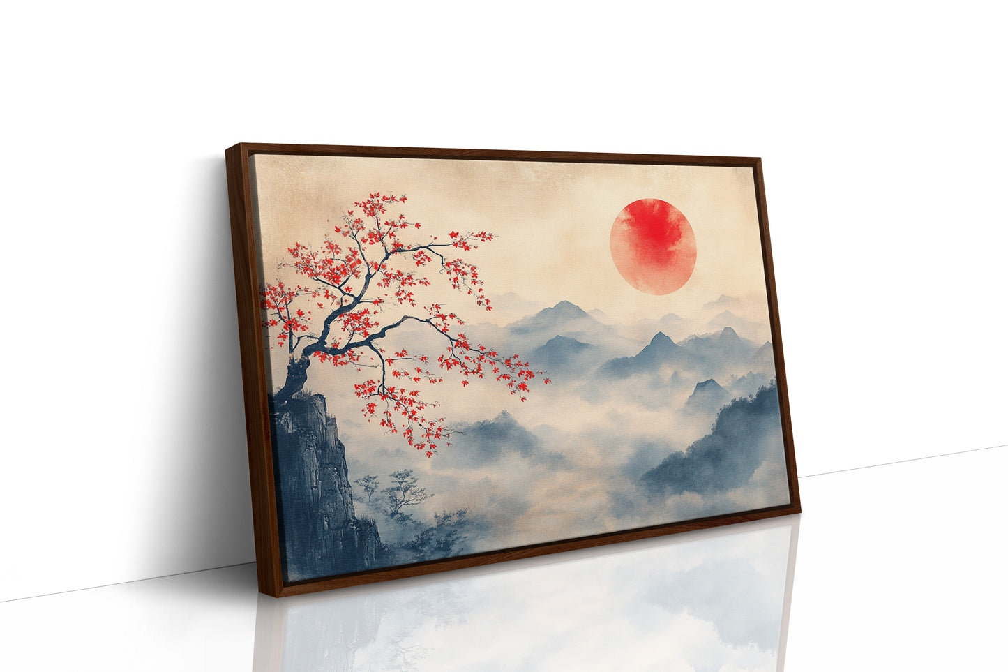 Japanese Red Sun and Misty Mountain Wall Art Print