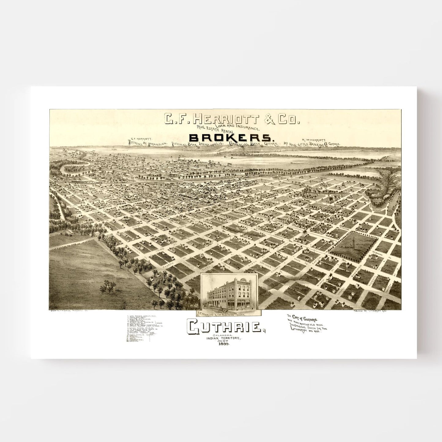 Vintage Map of Guthrie, Oklahoma, 1890