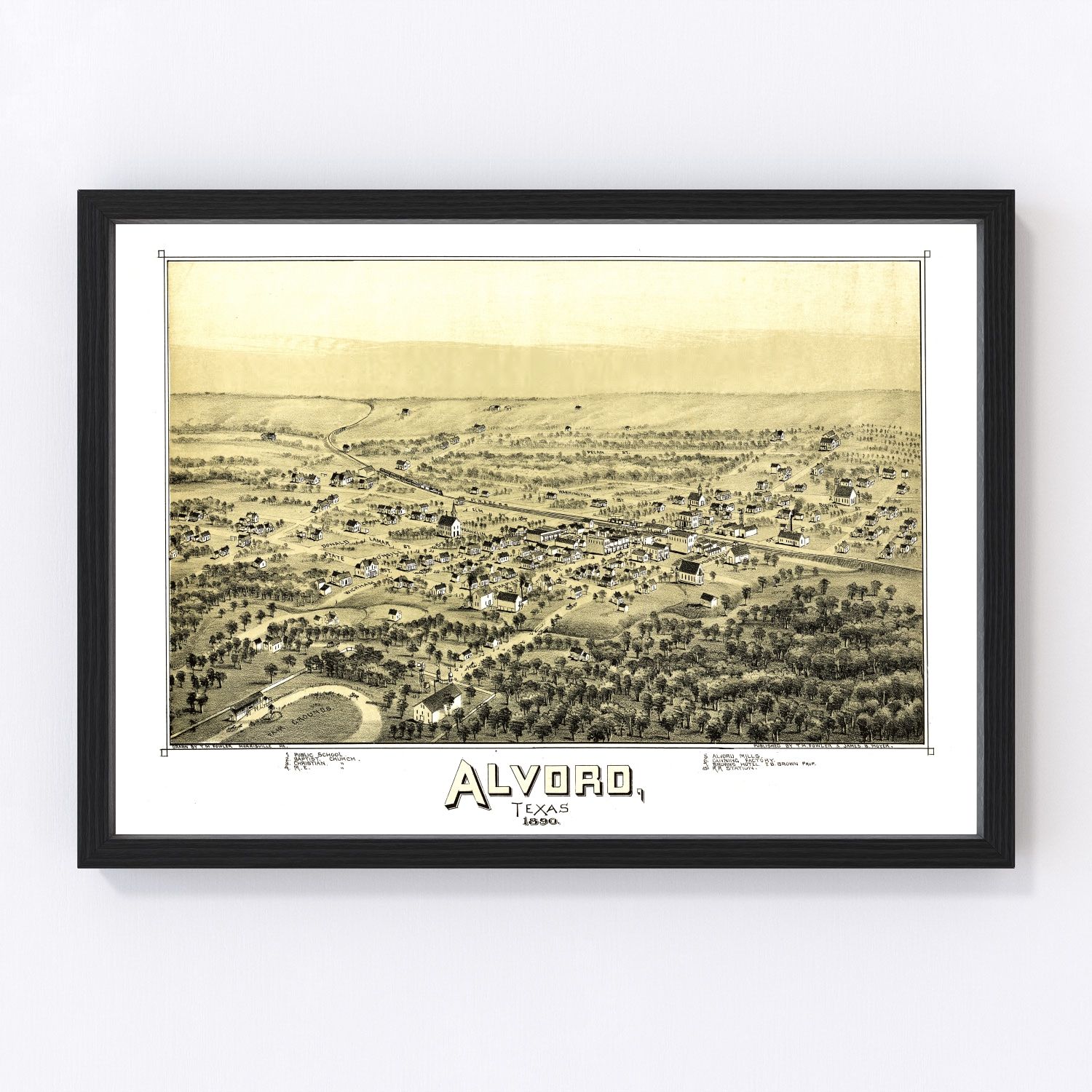 Vintage map of Alvord, Texas, 1890, Wise County restored print