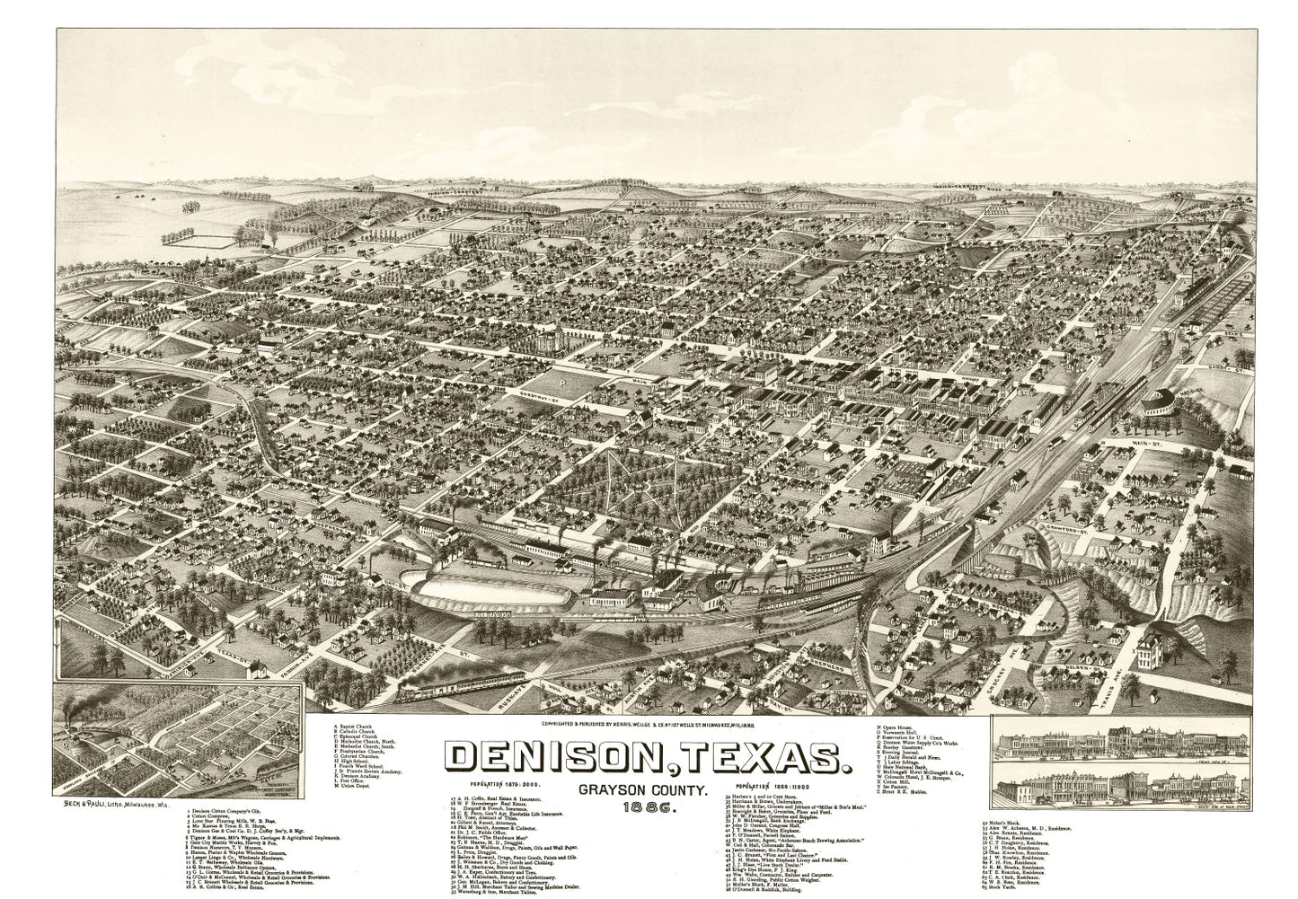 Vintage Map of Denison, Texas, 1886