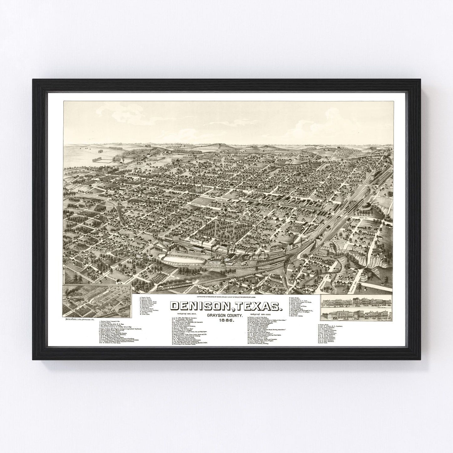 vintage map of denison, texas, 1886