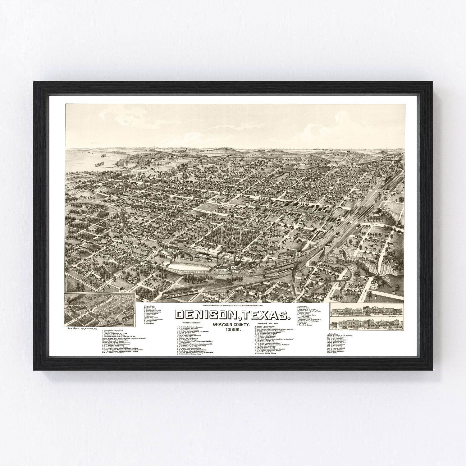 vintage map of denison, texas, 1886