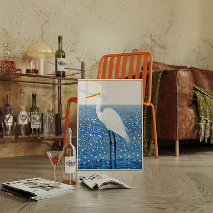White Egret in Snowfall - Minimalist Bird Wall Art