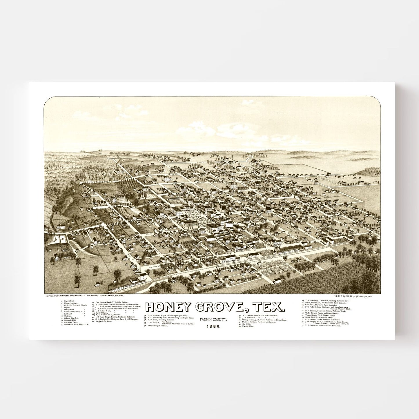 Vintage Map of Honey Grove, Fannin County, Texas, 1885