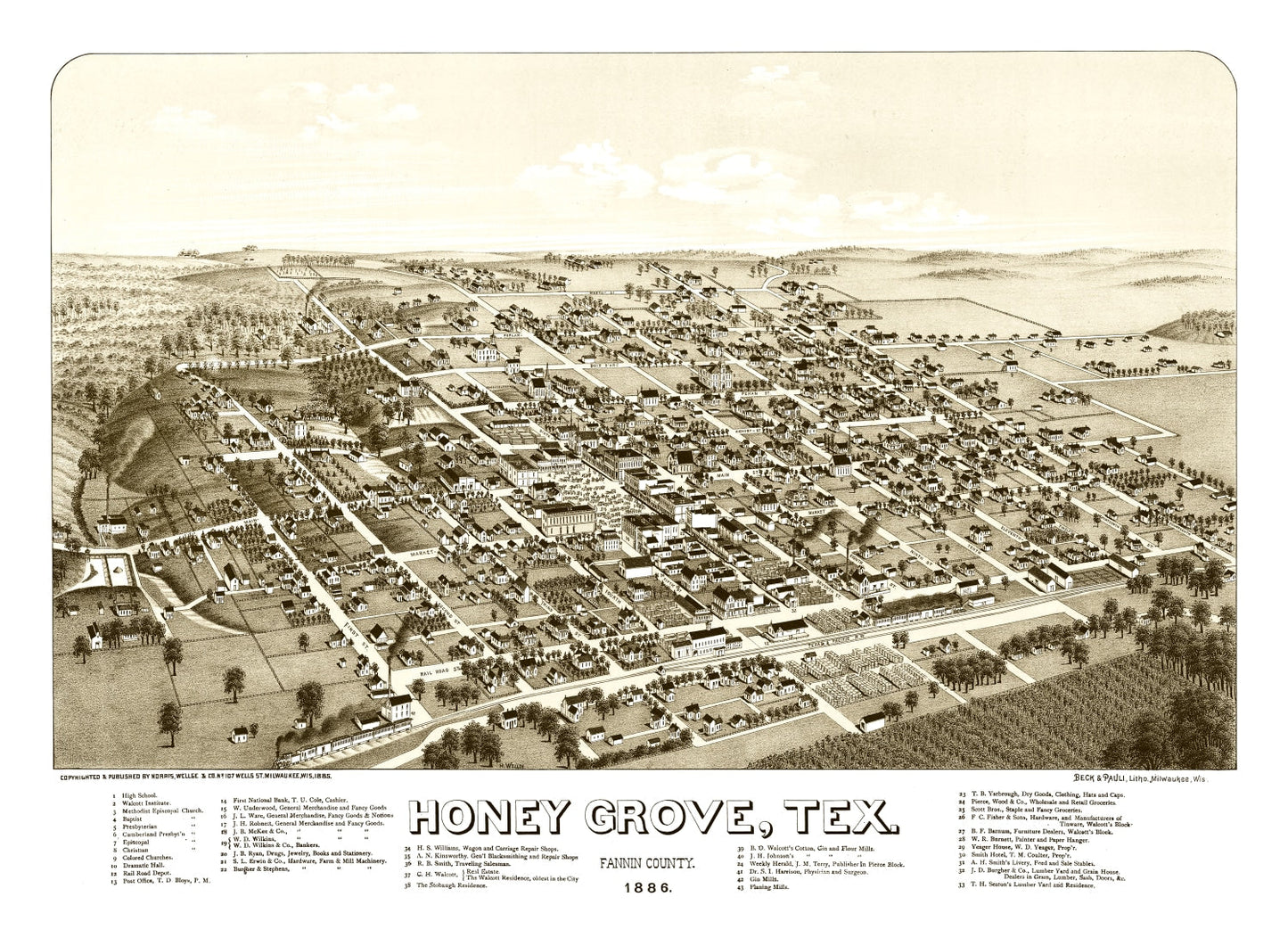 Vintage Map of Honey Grove, Fannin County, Texas, 1885