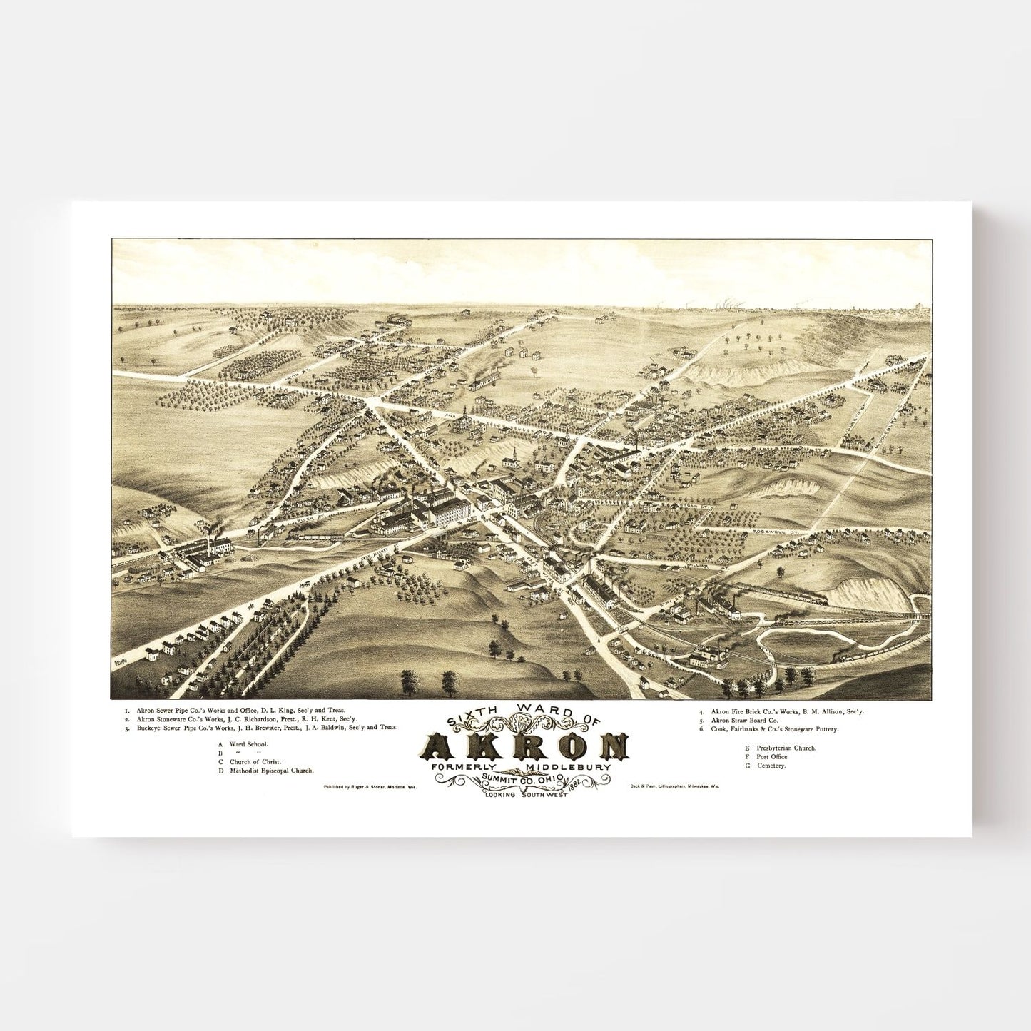 Vintage Map of Akron, Ohio, 1882 - Landscape