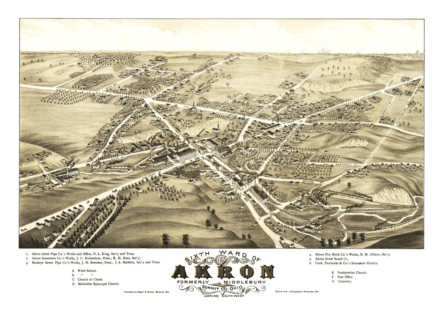 Vintage Map of Akron, Ohio, 1882 - Landscape