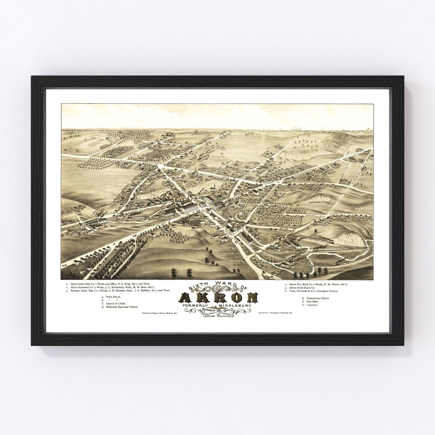Vintage map of Akron, Ohio, 1882 landscape - restored print
