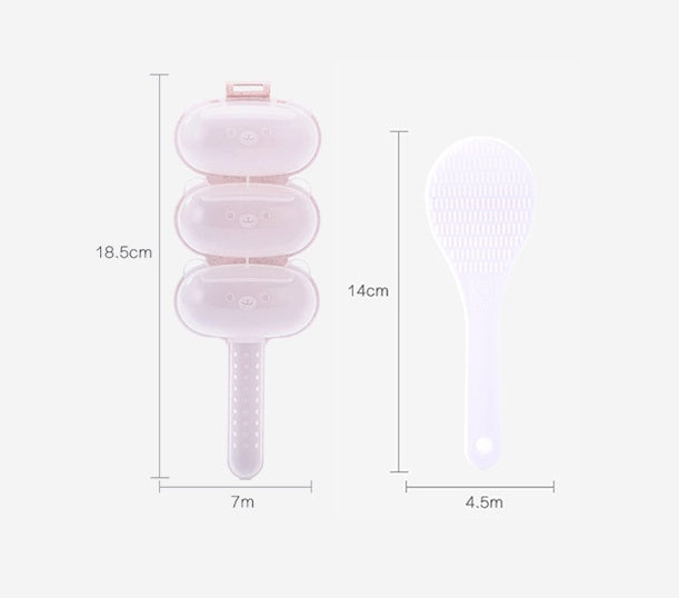 Measurement chart of a pink rice ball maker with dimensions labeled on a white background