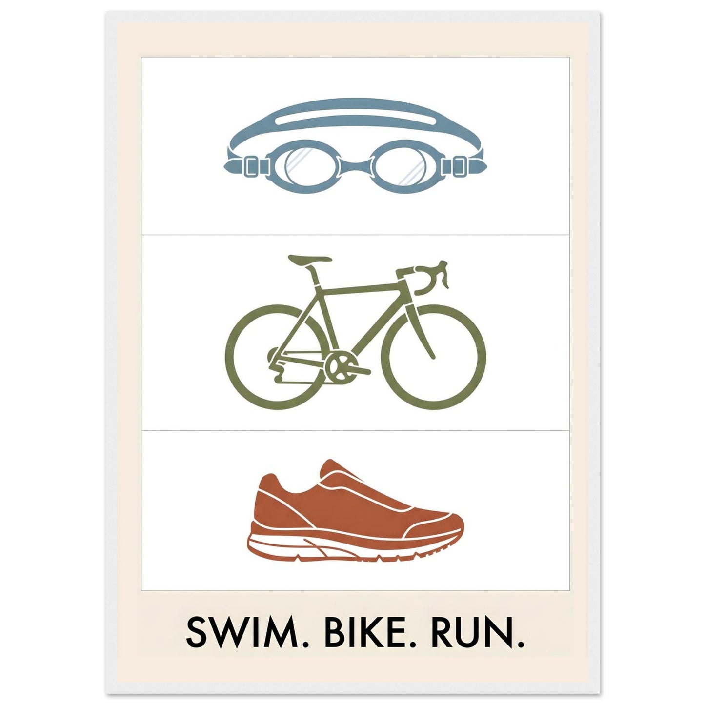 Swim Bike Run Poster: Minimalist Triathlon Icons Wall Art - 50x70 cm / 20x28″ - White frame / Ready-to-hang - Sparkycare