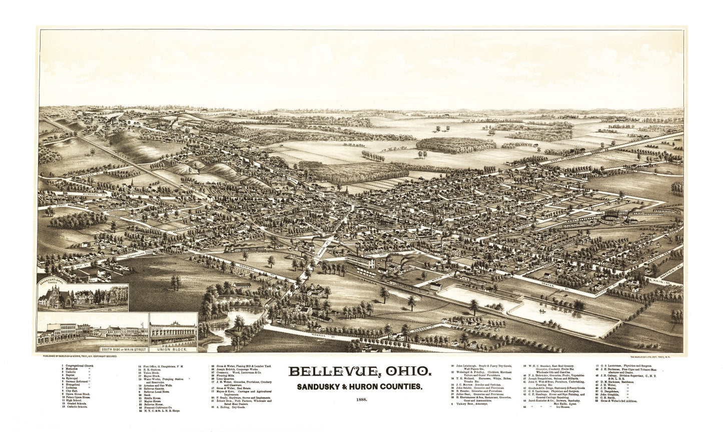 Vintage Map of Bellevue, Ohio, 1880