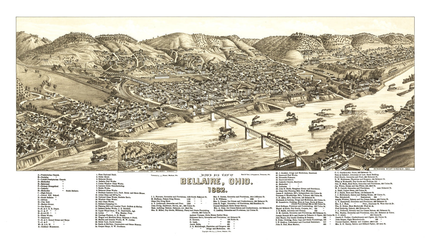 Vintage Map of Bellaire, Ohio, 1882