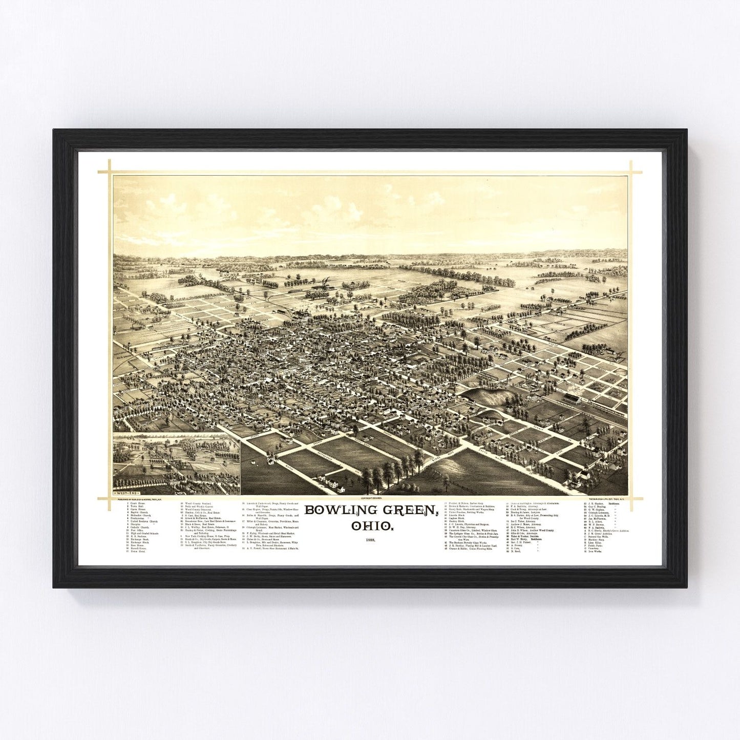 vintage map of Bowling Green Ohio, 1888, restored print wall art