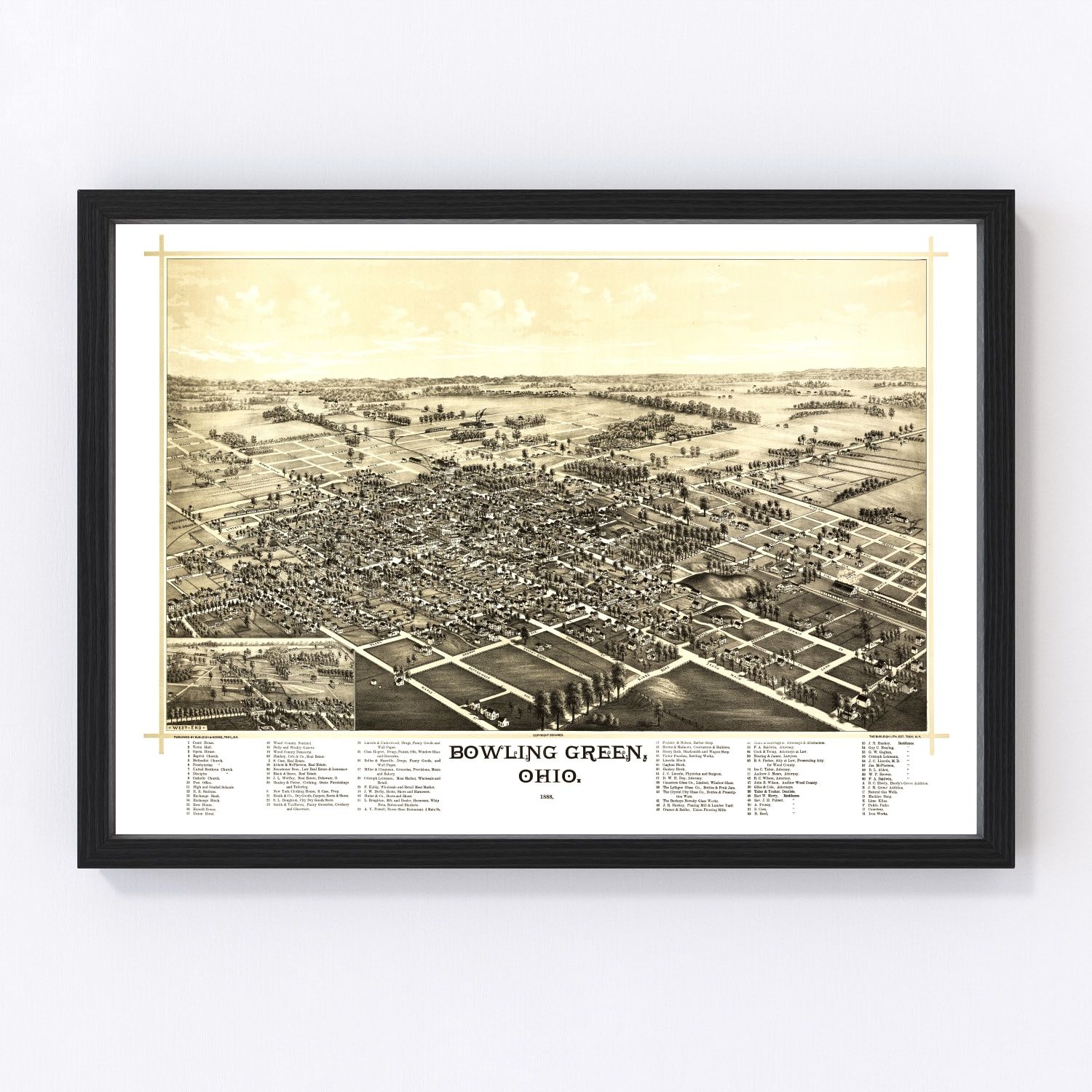 vintage map of Bowling Green Ohio, 1888, restored print wall art