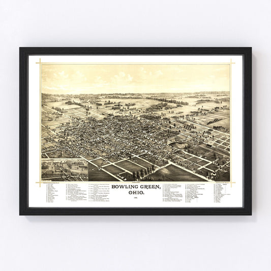 vintage map of Bowling Green Ohio, 1888, restored print wall art