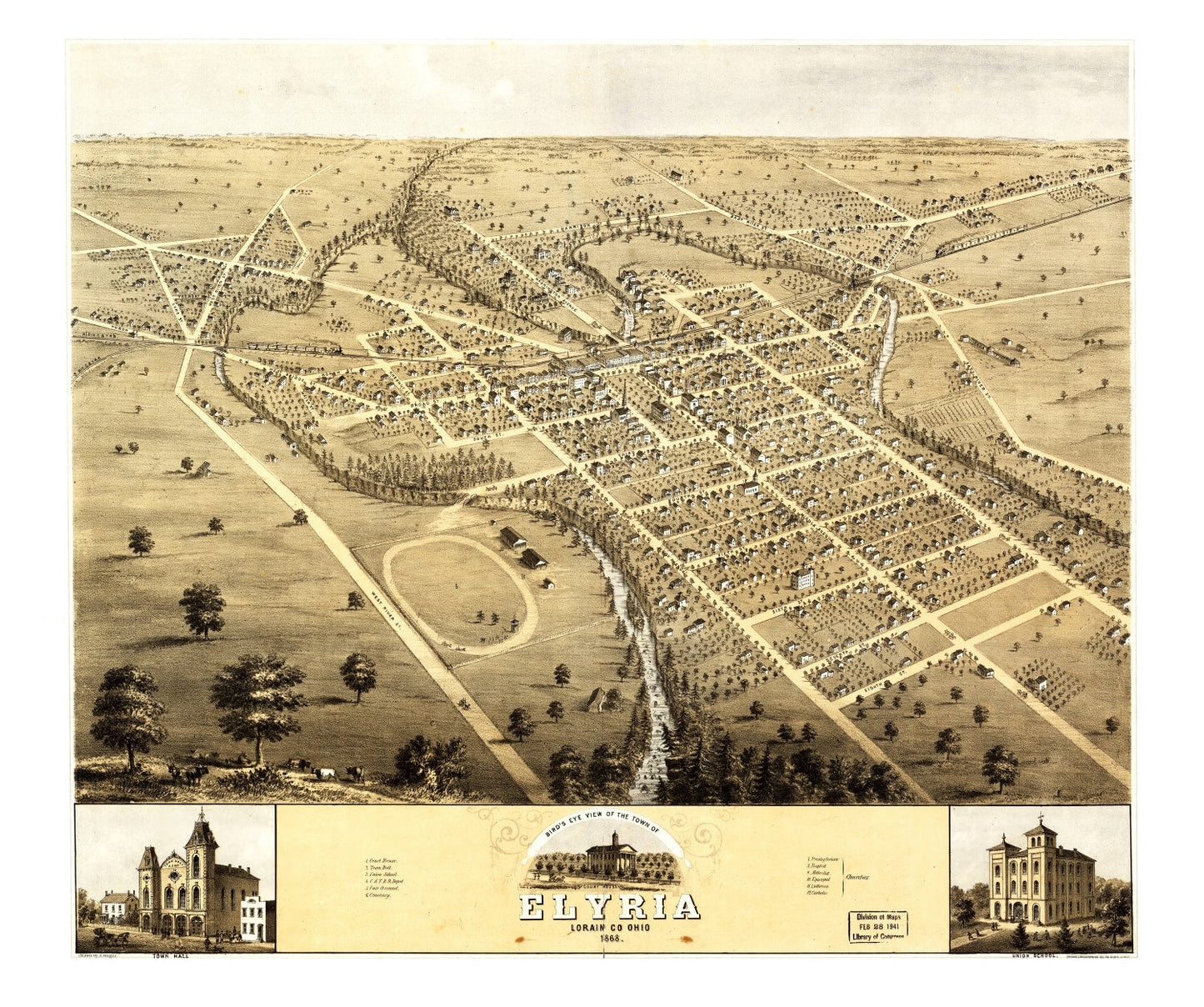 Vintage Map of Elyria, Ohio 1868