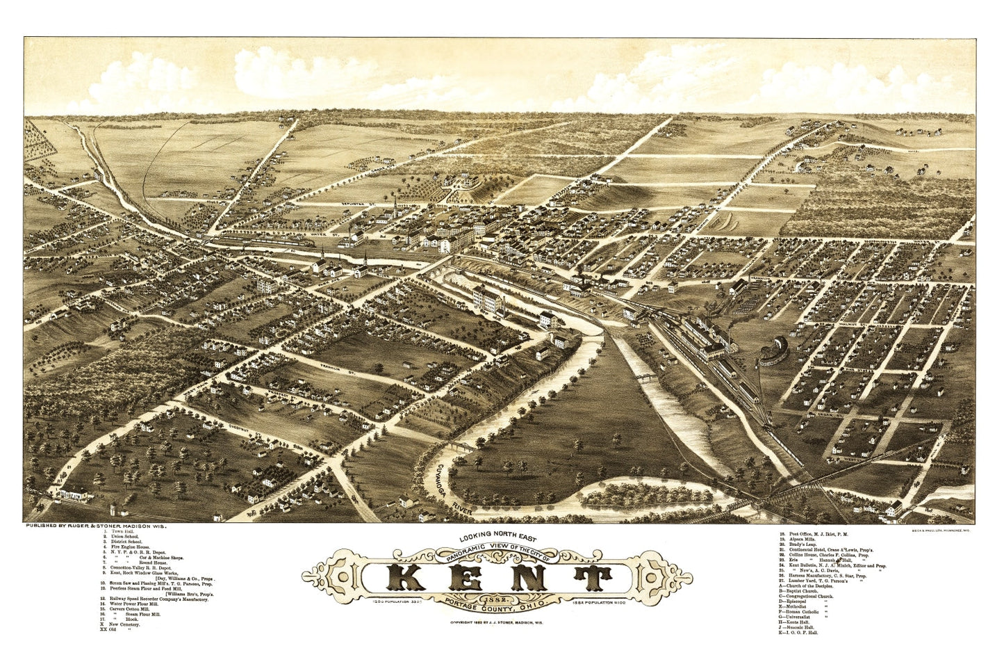 Vintage Map of Kent, Ohio, 1882