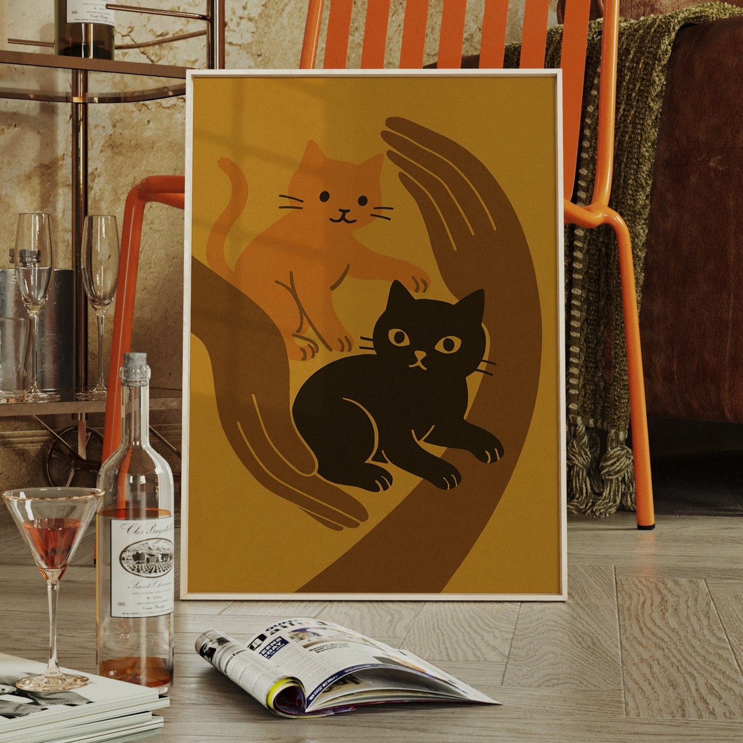 Two cats orange and black in a minimalist embrace wall art print