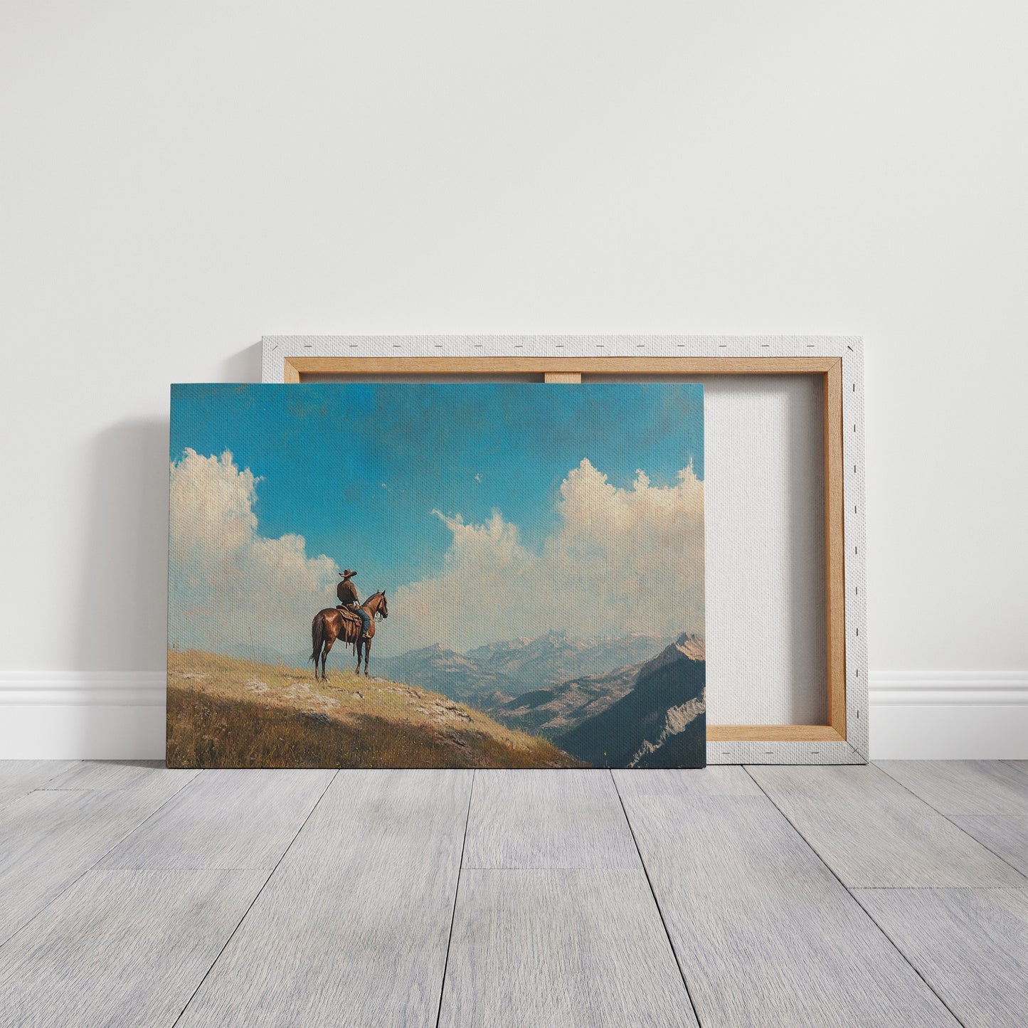 Lone Cowboy on Horseback Western Mountain Print