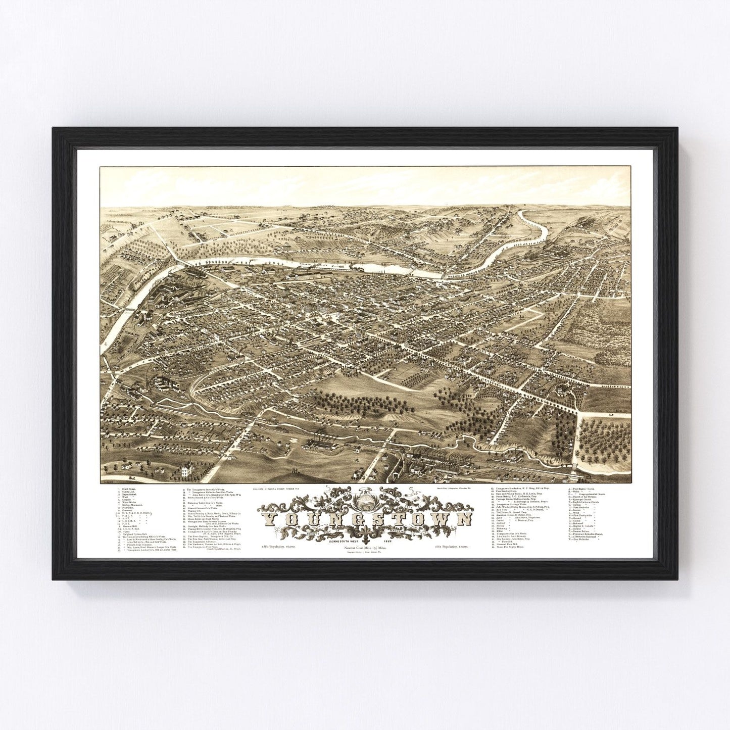 Vintage 1882 map of Youngstown Ohio showing city streets and Mahoning River waterfront, restored print