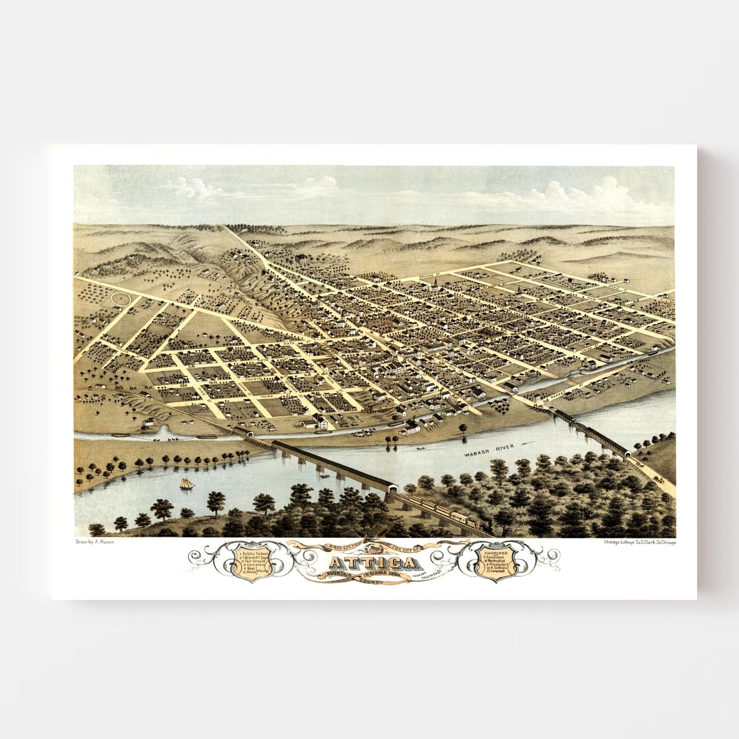Vintage Map of Attica, Indiana, 1869
