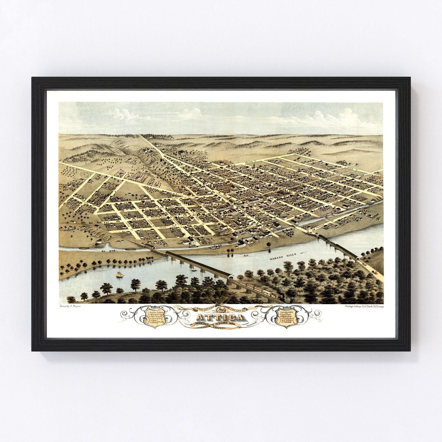 vintage map of Attica, Indiana, 1869, Wabash River town