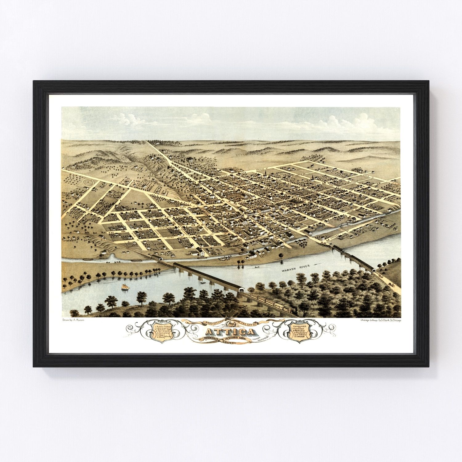 vintage map of Attica, Indiana, 1869, Wabash River town