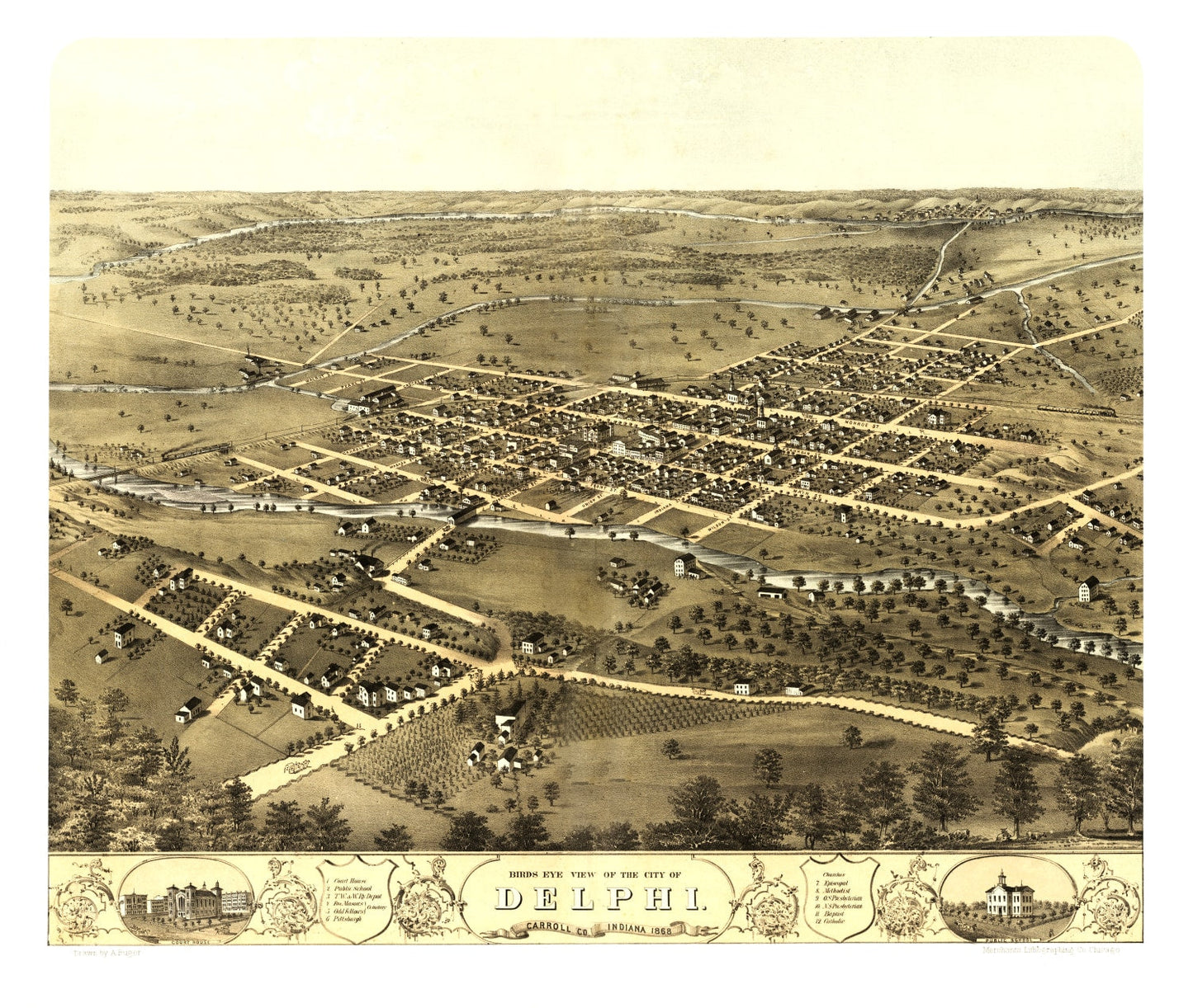 Vintage Map of Delphi, Indiana, 1868
